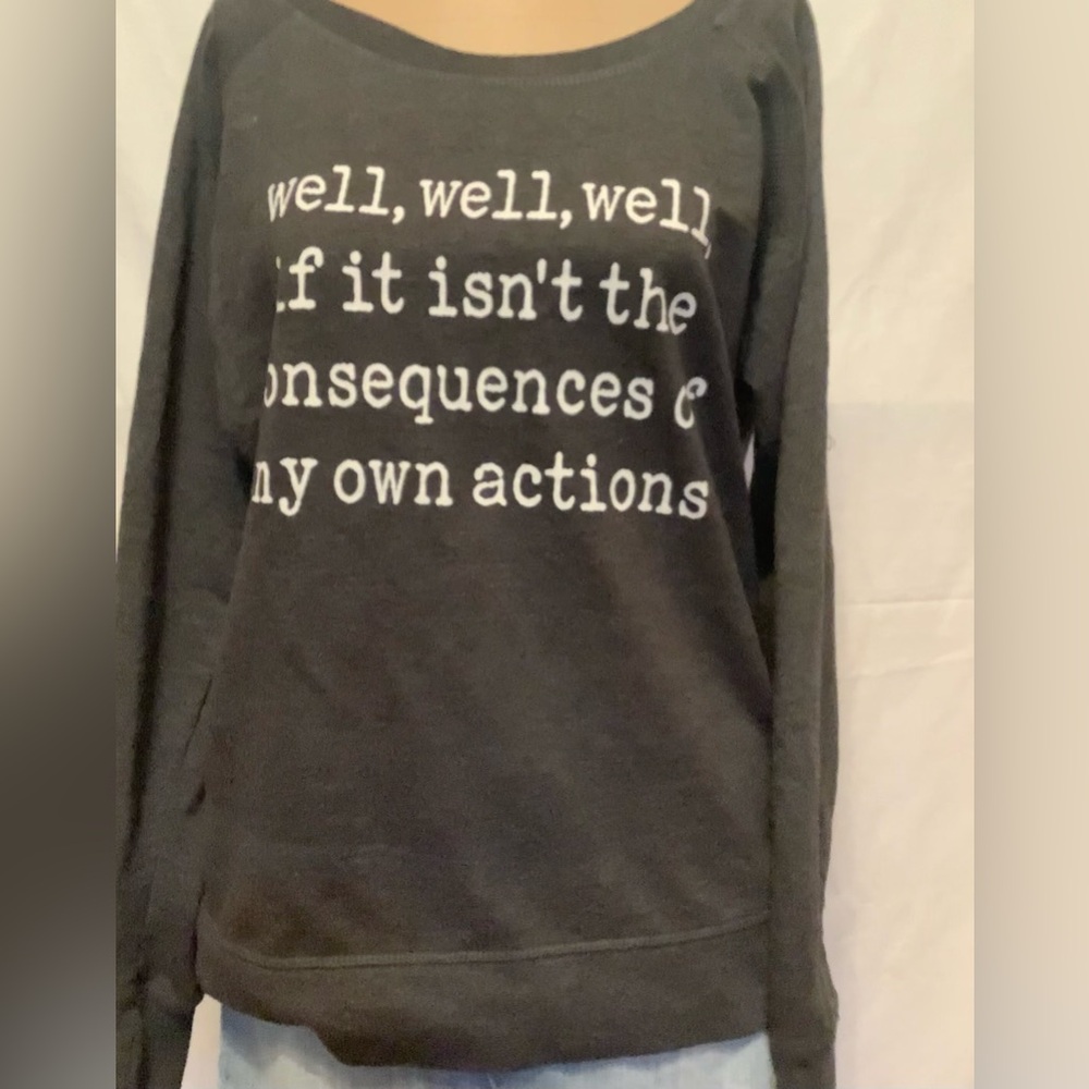 Women's Large Funny Gray And White  Sweatshirt With Graphic Text